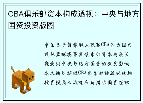 CBA俱乐部资本构成透视：中央与地方国资投资版图