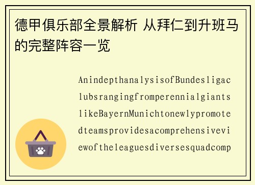 德甲俱乐部全景解析 从拜仁到升班马的完整阵容一览