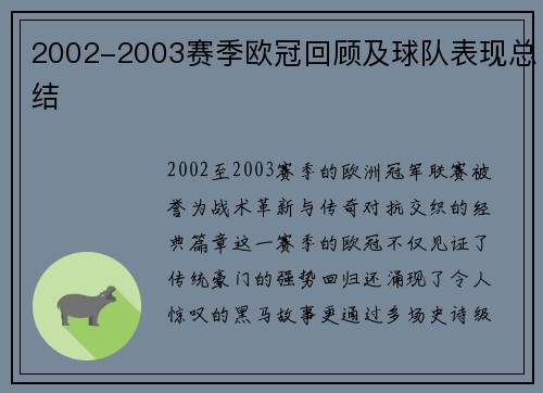 2002-2003赛季欧冠回顾及球队表现总结